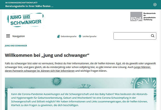 Screenshot von www.schwanger-unter-20.de