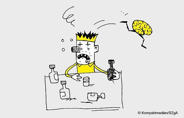 Karikatur: Das Gehirn springt einem Trinker aus dem Kopf