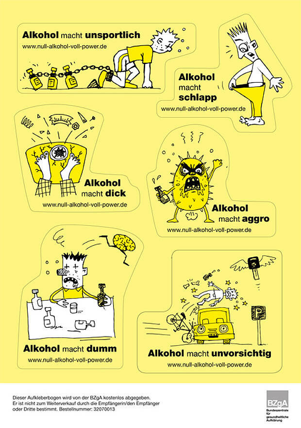 Titel: Aufkleberbogen Sprüche zu „Null Alkohol – Voll Power“ Titel: Aufkleberbogen Sprüche zu „Null Alkohol – Voll Power“
