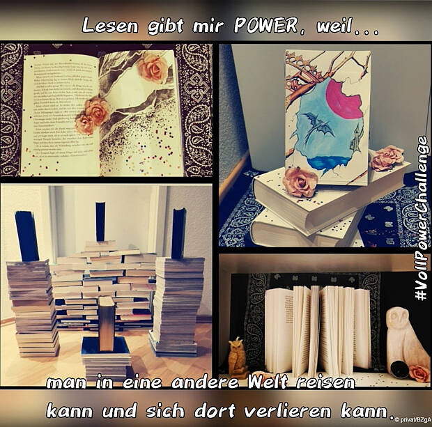 Collage von Foto mit Büchern und Text "Lesen gibt mir Power ...". Bild: privat/BZgA