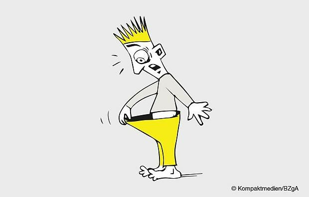 Karikatur: Junge schaut erschrocken in seine Hose