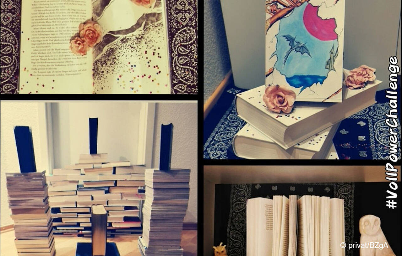 Collage von Fotos mit Büchern und Text "Lesen gibt mir Power ...". Bild: privat/BZgA.