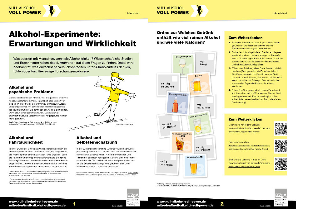 Arbeitsblatt: Alkohol-Experimente - Null Alkohol - Voll Power